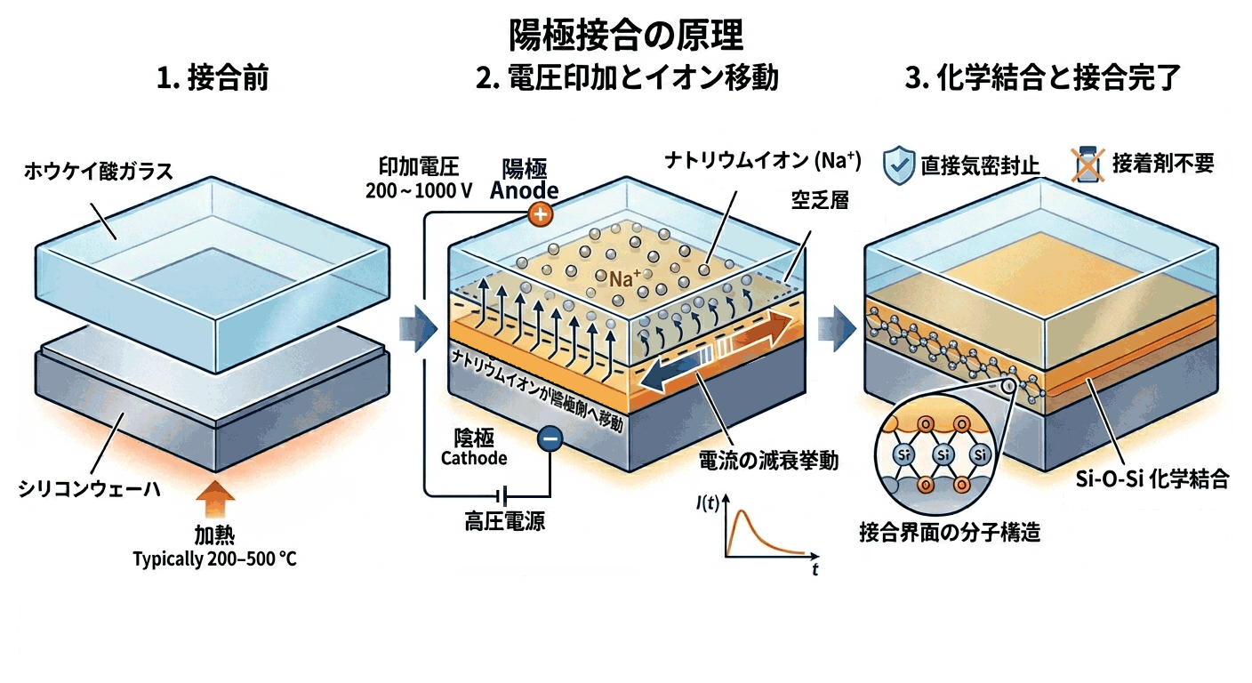 陽極接合（Anodic Bonding）の原理図｜シリコンとガラスの高電圧接合
