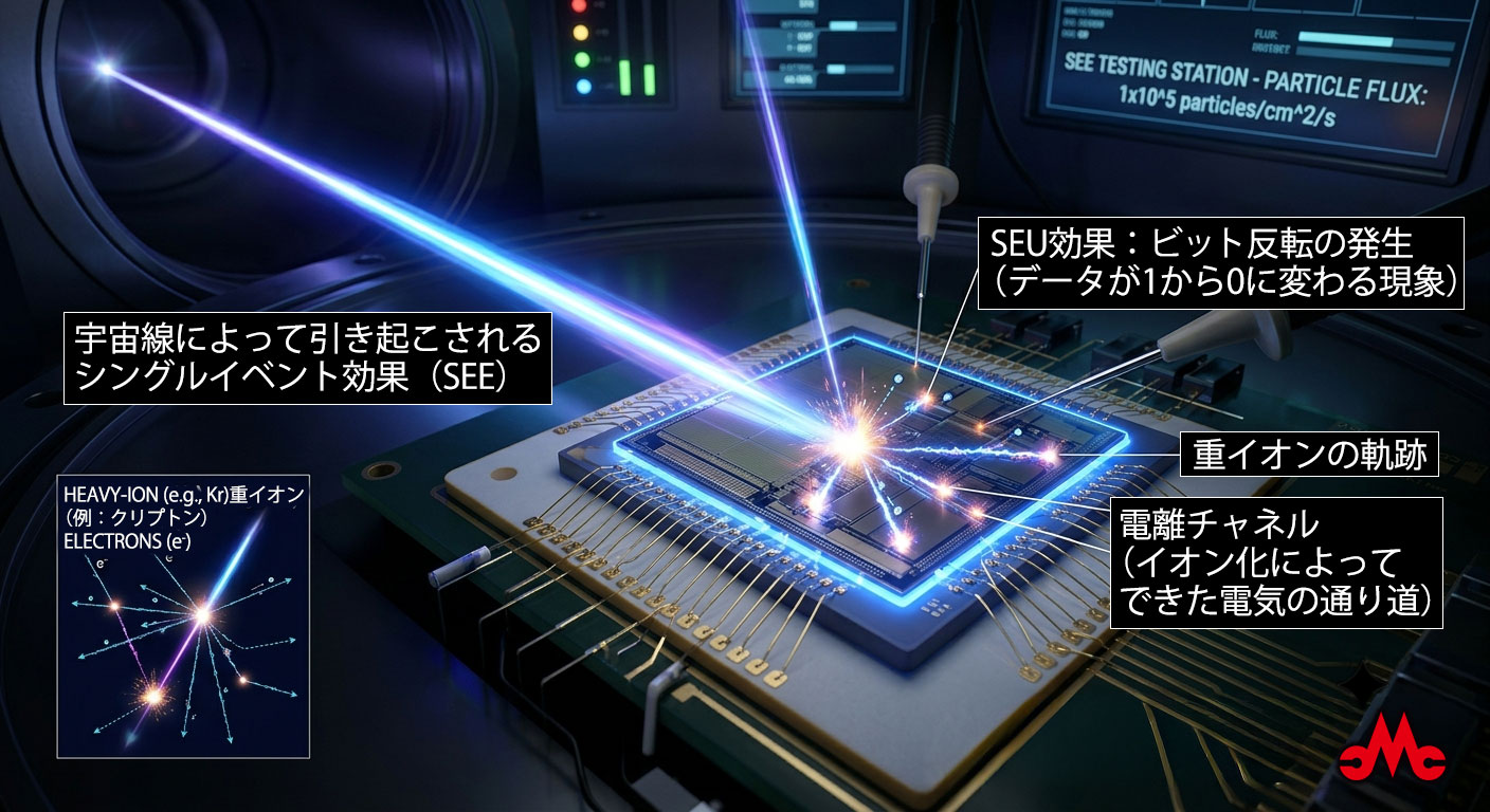 宇宙線照射（重イオン）を受けるシリコンダイ（半導体チップの基盤）中央のチップ周辺の解説