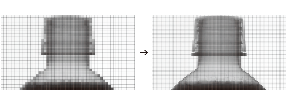 低解像度のペットボトルのX線透過画像と高解像度の画像比較