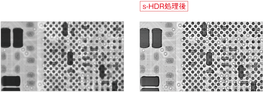 HDR-Pro処理前のBGAのX線透過画像とHDR-Pro処理後の画像比較