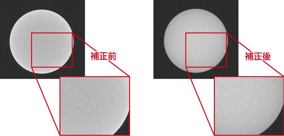 アーチファクト補正前と補正後の錠剤のCT画像